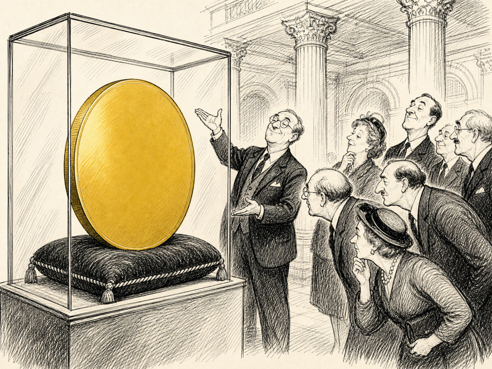 A vast blank commemorative coin sits on a velvet cushion inside a glass display case while a curator points at it proudly for a small admiring crowd.