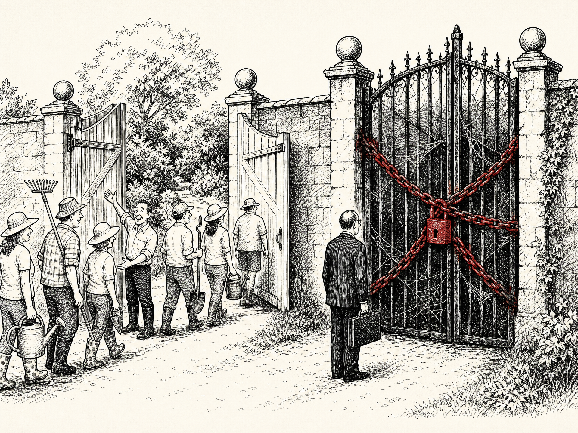 Two gates in a garden wall: the left standing wide open with an official waving through a queue of volunteers carrying rakes, the right vast, chained and cobwebbed, with a man in a suit holding a briefcase waiting unnoticed.